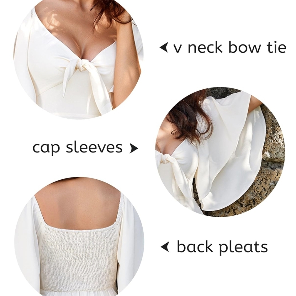 Womens Summer Dresses Elegant Bow tie Deep V Neck Ruffle Sleeves A-Line Flowy - Picture 5 of 7